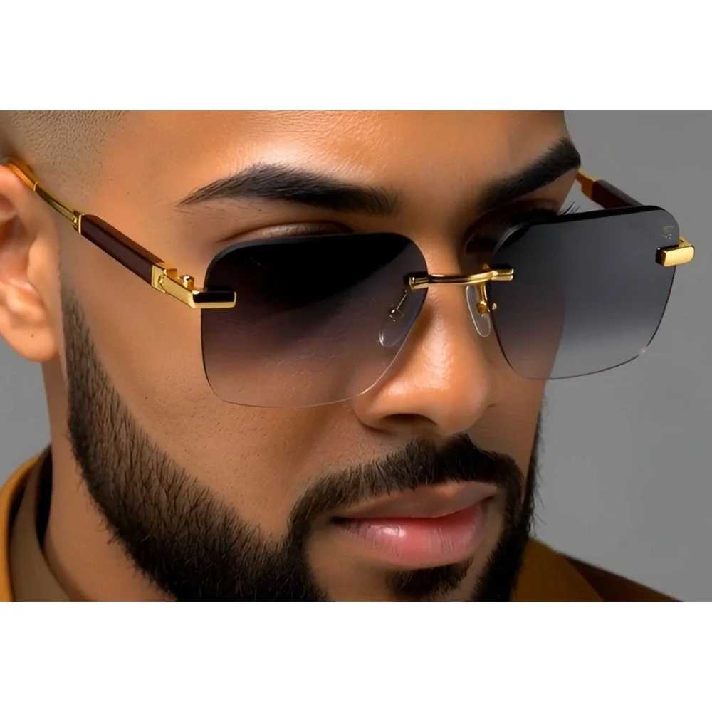 Luxury Rimless Gradient Square Sunglasses Gold Trim Men's Fashion‎ Eyewear Chic